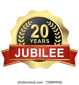 gold button with red banner for 20 years jubilee