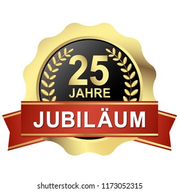 gold button with red banner for 25 years jubilee (text in german)