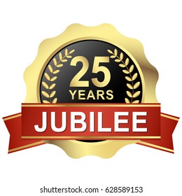 gold button with red banner for 25 years jubilee