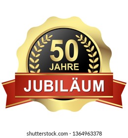 gold button with red banner for 50 years jubilee (text in german) svg