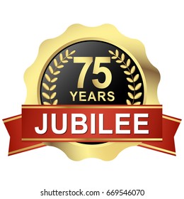 gold button with red banner for 75 years jubilee