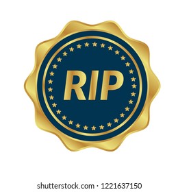 Gold button with RIP text. emblem, label, badge, logo