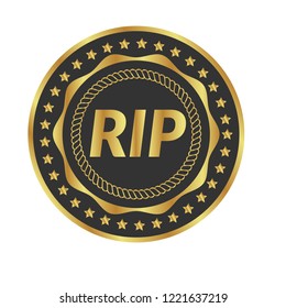 Gold button with RIP text. emblem, label, badge, logo