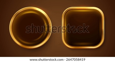 Gold button set. Golden design for empty emblem. Glossy golden metallic shape. 3D realistic vector shiny button