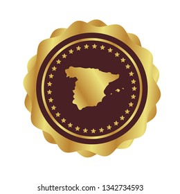 Gold button with spain map. Gold spain - emblem, label, badge,sticker, logo. 