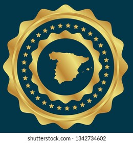 Gold button with spain map. Gold spain - emblem, label, badge,sticker, logo. 