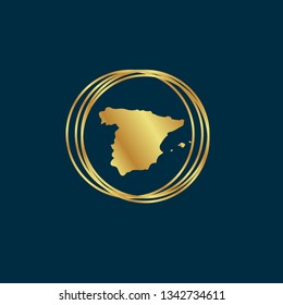 Gold button with spain map. Gold spain - emblem, label, badge,sticker, logo. 