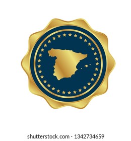 Gold button with spain map. Gold spain - emblem, label, badge,sticker, logo. 