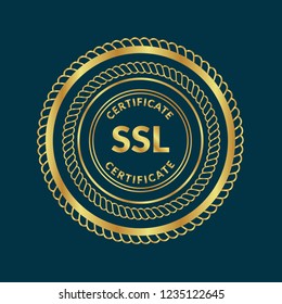 Gold button with SSL certificate. emblem,Gold SSL certificate label, badge,sticker, logo. Designed for celebration or anniversary