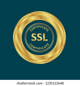 Gold button with SSL certificate. emblem,Gold SSL certificate label, badge,sticker, logo. Designed for celebration or anniversary