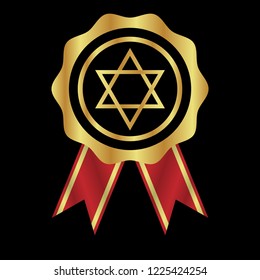 Gold button with star of David. emblem, label, badge, logo