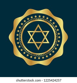 Gold button with star of David. emblem, label, badge, logo
