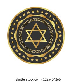 Gold button with star of David. emblem, label, badge, logo
