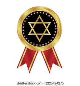 Gold button with star of David. emblem, label, badge, logo