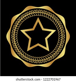 Gold button with star icon. emblem, label, badge, logo
