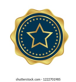 Gold button with star icon. emblem, label, badge, logo