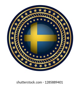 Gold button with sweden flag. Gold sweden flag emblem, label, badge,sticker, logo. 