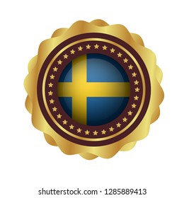 Gold button with sweden flag. Gold sweden flag emblem, label, badge,sticker, logo. 