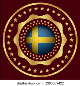 Gold button with sweden flag. Gold sweden flag emblem, label, badge,sticker, logo. 