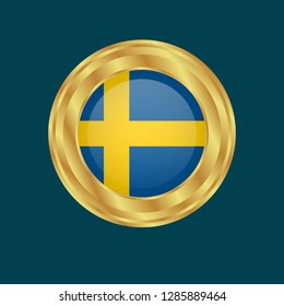 Gold button with sweden flag. Gold sweden flag emblem, label, badge,sticker, logo. 