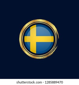 Gold button with sweden flag. Gold sweden flag emblem, label, badge,sticker, logo. 