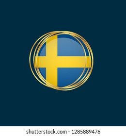 Gold button with sweden flag. Gold sweden flag emblem, label, badge,sticker, logo. 