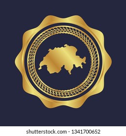 Gold button with Switzerland map. Gold Switzerland - emblem, label, badge,sticker, logo. 