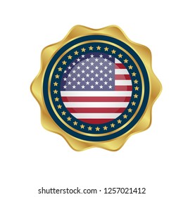 Gold button with usa circle flag.golden usa circle flag emblem, label, badge,sticker, logo. 