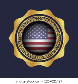 Gold button with usa circle flag.golden usa circle flag emblem, label, badge,sticker, logo. 
