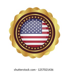 Gold button with usa circle flag.golden usa circle flag emblem, label, badge,sticker, logo. 