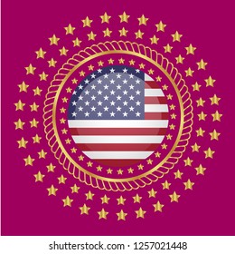 Gold button with usa circle flag.golden usa circle flag emblem, label, badge,sticker, logo. 