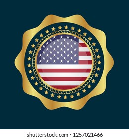 Gold button with usa circle flag.golden usa circle flag emblem, label, badge,sticker, logo. 