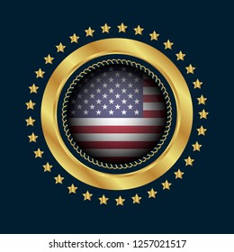 Gold button with usa circle flag.golden usa circle flag emblem, label, badge,sticker, logo. 