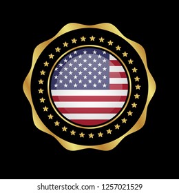 Gold button with usa circle flag.golden usa circle flag emblem, label, badge,sticker, logo. 