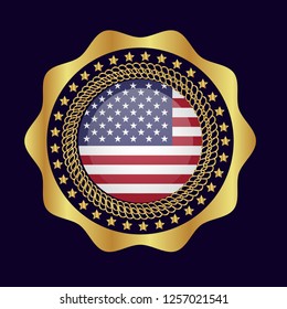 Gold button with usa circle flag.golden usa circle flag emblem, label, badge,sticker, logo. 