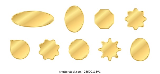 Conjunto de diferentes Formas de insignias de Botones de oro. Anuncios en blanco de oro, iconos, Ilustración vectorial de diseño de emblemas. Elipses brillantes, estrella, signos de círculos serrados con marcos en blanco