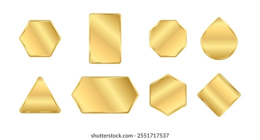 Gold buttons badges different shapes set. Golden blank banners, icons, emblems design vector illustration. Glossy square, triangle, rectangle, polygon ,circle signs with frames on white background