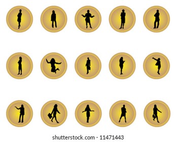 Gold buttons of businesswomen in many positions