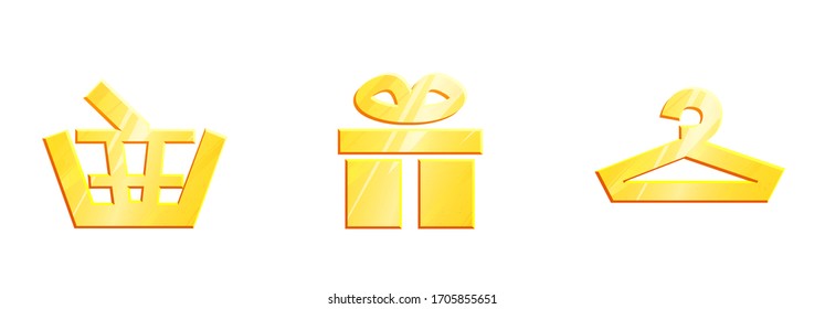 Gold buying icons set, Shopping basket, gift box, clothes hanger. Boutique Shop vector isolated icon. Buy Present elements collection.