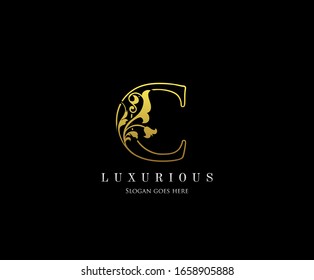 Gold C letter luxury beauty flourishes ornament monogram logo perfect for boutique, wedding invitation, restaurant,hotel.