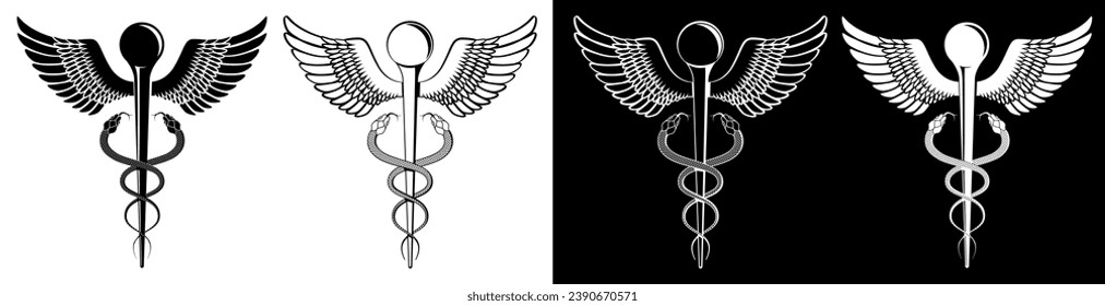 Gold Caduceus Medical Icon Vector Monochrome Stamp element set. Medical Snake Rod with Wings Caduceus Black White Tattoo Logo Sign Template Vector Isolated on White Background