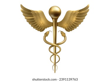 Gold Caduceus Medical Icon Vector element. Medical Snake Rod with Wings Caduceus Golden Logo Sign Template Vector Isolated on White Background