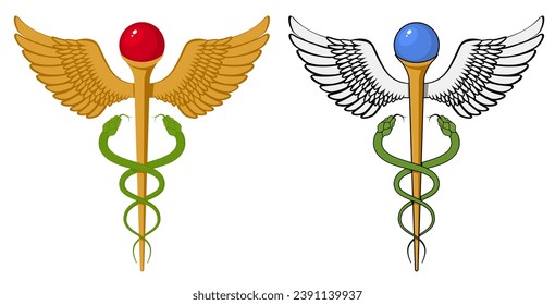 Gold Caduceus Medical Icon Vector Flat Style element set. Medical Snake Rod with Wings Caduceus Golden Cartoon Logo Sign Template Vector Isolated on White Background. Solid color