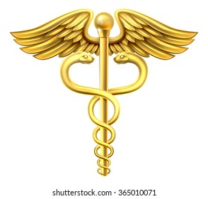 A gold caduceus medical symbol or symbol for commerce featuring intertwined snakes around a winged rod