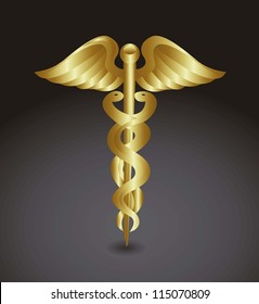 Gold Caduceus Over Black Background. Vector Illustration