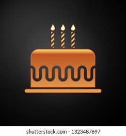 Gold Cake with burning candles icon isolated on black background. Happy Birthday. Vector Illustration