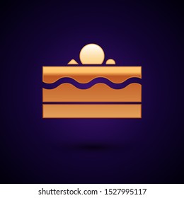 Gold Cake icon isolated on dark blue background. Happy Birthday.  Vector Illustration
