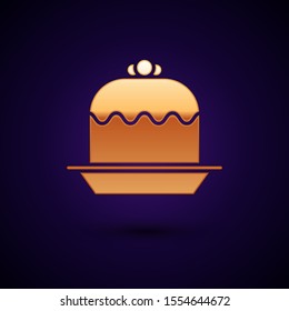 Gold Cake icon isolated on dark blue background. Happy Birthday.  Vector Illustration