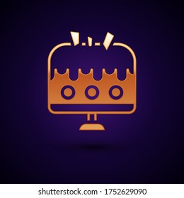 Gold Cake on plate icon isolated on black background. Happy Birthday.  Vector