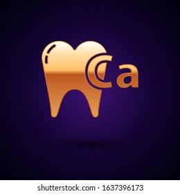 Gold Calcium for tooth icon isolated on dark blue background. Tooth symbol for dentistry clinic or dentist medical center.  Vector Illustration